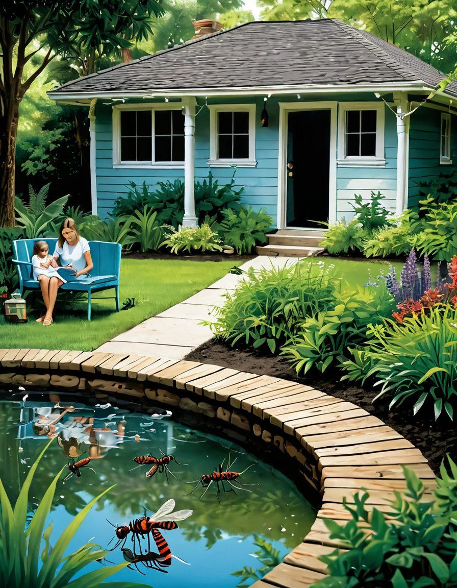 An illustrated scene depicting the life cycle of mosquitoes, showcasing larvae in water transforming into adult mosquitoes. In the foreground, a tranquil backyard setting with a family enjoying a sunny day, surrounded by natural mosquito repellents like citronella plants. Use a vibrant color palette and emphasize the contrast between the serene environment and the unseen mosquito threat. Capture expert tips visually, such as a checklist hanging near the plants. vector art. vibrant colors.