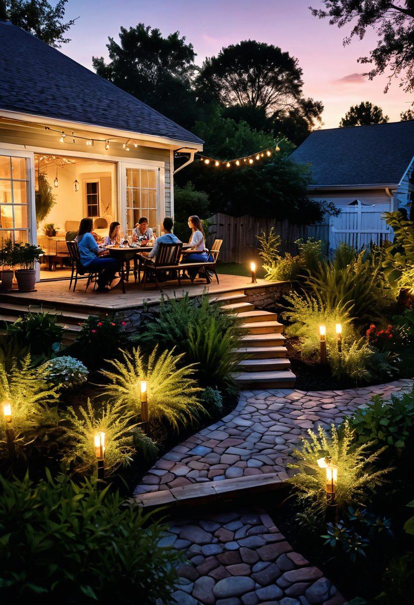 A serene backyard scene at dusk, featuring a family enjoying an outdoor gathering free from mosquitoes. Illustrate effective mosquito control methods, such as a natural plant barrier, repellents on picnic tables, and a subtle use of citronella candles. Capture the vibrancy of the green plants and subtle lighting emphasizing comfort. Include peaceful elements like twinkling fairy lights and a picturesque sunset in the background. super-realistic. vibrant colors. warm glow.